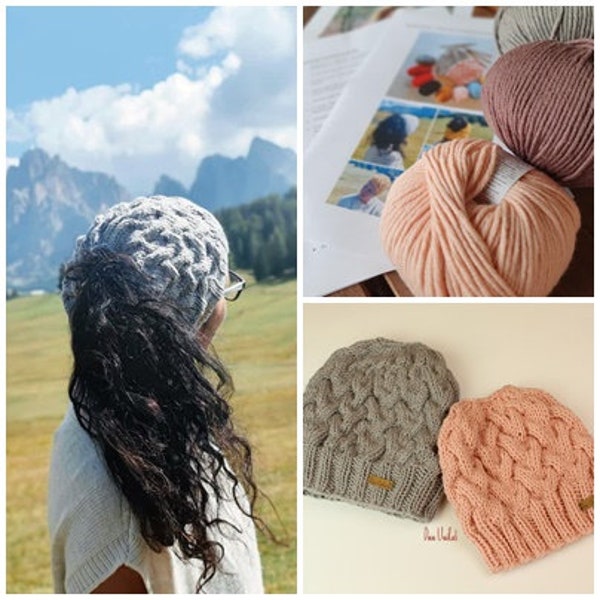 Instructions, knitting pattern, knit hat, ponytail hat, cable hat, with hole for cable