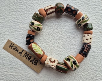 Handmade Ceramic Bead Bracelet Unique Hand Painted Elastic Bracelet Artisan Jewelry Gift