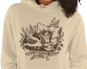 Vintage Cat Hoodie | Sleeping Cat with Ferns Sweatshirt | Cottagecore Cat Lover Gift | Dark Academia Hoodie | Botanical Cat Mom Tee