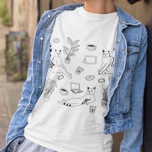 Unique Cat Design T-Shirt, Minimalist Cat Lover Shirt, Cute Cat and Plants Graphic T-Shirt, Cozy Cat Owner Gift, Funny Cat Coffee Tee