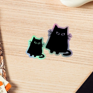 Holographic Black Cat Stickers – Cute Kawaii Kitty Sticker Set – Aesthetic Cat Lover Gift – Vinyl Water Bottle Laptop Decals