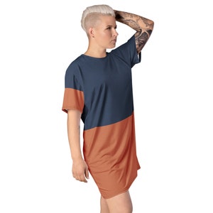 Colorblock T-Shirt Dress for Women – Navy & Rust Casual Oversized Streetwear – Soft Minimalist Summer Outfit