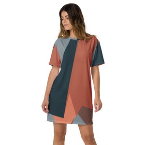 Oversized Rust Orange T-Shirt Dress: Geometric Minimalist Streetwear