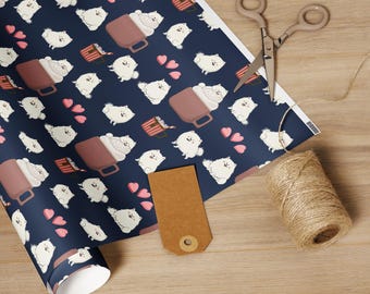 Pomeranian Wrapping Paper, Cute Dog Gift Wrap, Samoyed Cocoa Christmas Wrap, Dog Lover Gift, Navy Blue Holiday Wrapping, Puppy Wrap