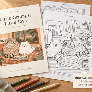 Peut inclure: Un livre de coloriage intitulé Little Grumps, Little Joys comprenant 12 scènes douillettes avec un chat de Pallas et un loulou de Poméranie blanc. La couverture montre les animaux sur un canapé, tandis qu'une page intérieure présente un dessin au trait.
