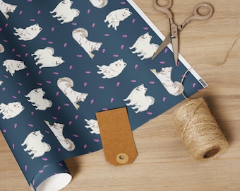 Samoyed Dog Wrapping Paper: Navy & Pink Puppy Gift Wrap