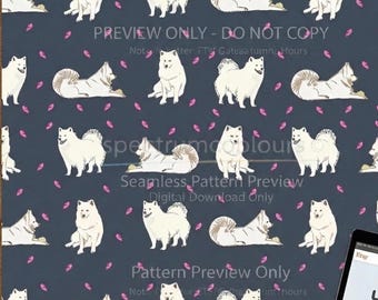 Hand-drawn Samoyed Dog Seamless Pattern | Pet Fabric, Gift Wrap (PNG Digital Download)