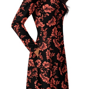 Black Floral Midi Dress, Long Sleeve Dress with Pockets, Fit and Flare Casual Jersey Dress, Boat Neck Women’s Dress, Feminine Clothing