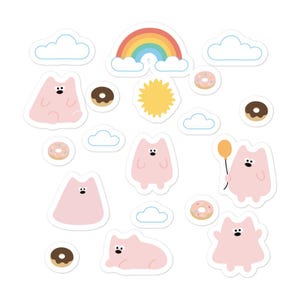 Cute Cat and Donut Sticker Set – Coffee, Rainbow & Balloon Vinyl Decals for Laptop and Journal