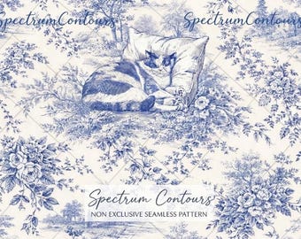 Sleeping Cat Toile de Jouy Pattern, Blue French Botanical Digital Download, Printable Fabric Design, Cottagecore Wallpaper, Instant Download