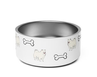 Samoyed Dog Bowl: White Fluffy Spitz Design, Bone Print, Stainless Steel