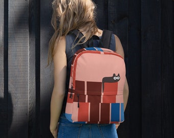 Mochila con diseño geométrico de gato: moderna y colorida mochila escolar