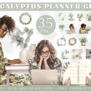 Aquarel Eucalyptus Planner Meisje I Clipart Bundel I Clipart I Budget I Groen I PNG I commercieel gebruik