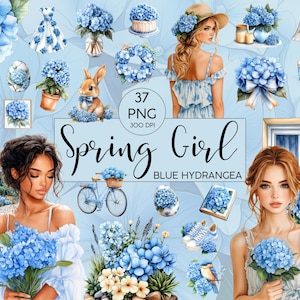 Clipart l Ragazza di primavera ortensia blu l Fiore l Acquerello l Clipart Bundle l Clip art I PNG I uso commerciale