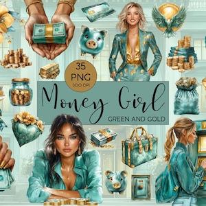 Pacchetto Clipart Money Girl - Verde e Oro l Adesivi PNG Acquerello l Download Digitale l Uso Commerciale l Budget e Finanza