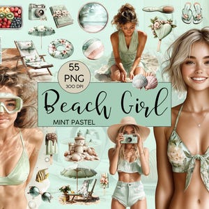Clipart l Ragazza sulla spiaggia l Pastello alla menta l Acquerello l Acquerello l Clipart Bundle l Clip art I PNG I Uso commerciale