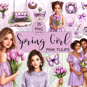 Clipart l Fille de printemps Tulipes roses l Fleur l Aquarelle l Ensemble de cliparts l Clip art I PNG I utilisation commerciale