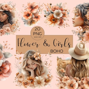 Clipart l Fiori e ragazze l Boho l Ritratto l Acquerello l Acquerello l Clipart Bundle l Clip art I PNG I uso commerciale