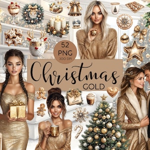 Kerstgoud l Clipartset l 52 PNG's l Hoge resolutie 300 DPI l Feestelijke vakantie-elementen l Commercieel gebruik l Direct downloaden