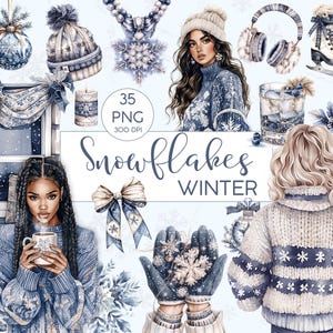 Clipart l Flocons de neige Hiver l Aquarelle l Noël l Clipart Bundle l Clip art I PNG I usage commercial