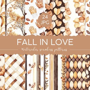 Könnte beinhalten: Ein Set mit 24 nahtlosen Aquarellmustern mit herbstlichen Motiven. Die Muster beinhalten Blätter, Äste, Kürbisse und andere Herbstelemente in Braun-, Orange- und Gelbtönen. Der Text "FALL IN LOVE Watercolor seamless patterns" ist auf dem Bild zu sehen.