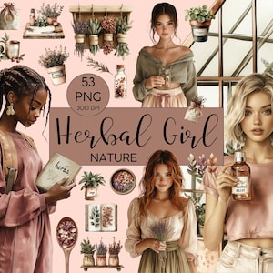Conjunto de clipart de menina herbácea l PNGs de ervas e natureza em aquarela l Gráficos botânicos digitais l Uso comercial