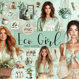 Clipart l Eco Girl l Mint Pastel l Aquarel l Aquarel l Clipart Bundel l Clipart I PNG I Commercieel Gebruik