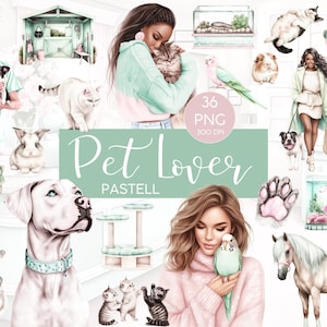 Clipart l Huisdierliefhebber l Pastel l Dieren l Aquarel l Aquarel l Clipartbundel l Clipart I PNG I commercieel gebruik