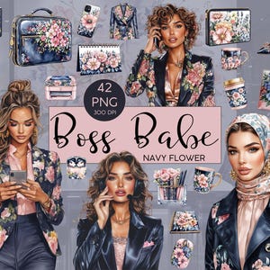 Clipart l Boss Babe l Navy Flower l Aquarell l Watercolor l Clipart Bundle l Clip art I PNG I kommerzielle Nutzung