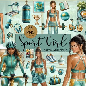 Clipart l Sport Girl l Green and Gold l Aquarell l Watercolor l Clipart Bundle l Clip art I PNG I kommerzielle Nutzung