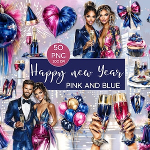 Clipart l Feliz año nuevo rosa y azul l Acuarela l Acuarela l Fiesta l Nochevieja l Paquete de imágenes prediseñadas l Clip art I PNG I Uso comercial