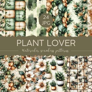 Könnte beinhalten: 24 nahtlose Aquarellmuster mit Pflanzen, Blättern und floralen Designs in Grün-, Braun- und Weißtönen. Die Muster eignen sich perfekt für die Erstellung digitaler oder gedruckter Projekte wie Tapeten, Stoffe oder Geschenkpapier. Der Text "PLANT LOVER Watercolor seamless patterns" ist auf dem Bild zu sehen.