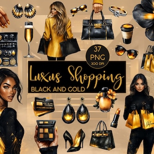Clipart l Shopping de luxe l Noir et Or l Black Friday l Aquarelle l Clipart Bundle l Clip art I PNG I Utilisation commerciale