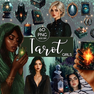 Könnte beinhalten: Digitale Illustration mit Tarotkarten, Frauen und mystischen Objekten. Das Bild enthält eine Kristallkugel, eine Kerze und einen Mond. Der Text auf dem Bild lautet "Tarot Girls".