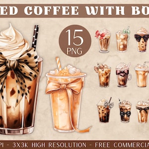 Könnte beinhalten: 15 digitale Illustrationen von Eiskaffee mit Schleifen in verschiedenen Farben und Mustern. Der Kaffee befindet sich in verschiedenen Gläsern und Bechern. Der Text "ICED COFFEE WITH BOW" befindet sich oben im Bild. Der Text "15 PNG" befindet sich in einem braunen Kreis in der Mitte des Bildes. Der Text "300 DPI - 3X3K HIGH RESOLUTION - FREE COMMERCIAL USE" befindet sich unten im Bild.