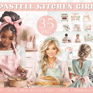 Acquerello Pastel Kitchen Girl I Clipart Bundle I Clip art I Budget I Rosa e menta I PNG I uso commerciale