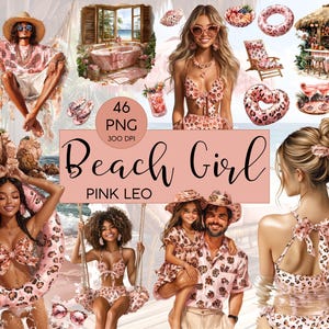 Beach Girl Clipart l Pink Leo Summer l PNG Bundle | 46 Transparent PNGs | 300 DPI Digital Download | Lillyspictureworld