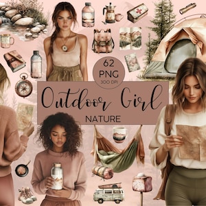 Fille en plein air – Édition nature | 62 cliparts PNG de camping rustique | Ensemble aquarelle bohème pour agendas, impressions et loisirs créatifs
