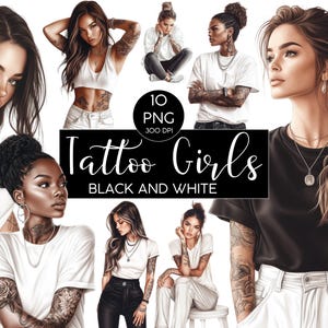 Clipart l Tattoo Girls l Zwart-wit l Aquarel l Clipart-bundel l Clipart I PNG I commercieel gebruik