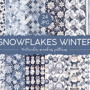 Könnte beinhalten: Eine Sammlung nahtloser Aquarellmuster mit Winterthema. Die Muster zeigen Schneeflocken, Fäustlinge, Schneemänner und Schleifen in Blau- und Weißtönen. Der Text "SNOWFLAKES WINTER" wird angezeigt.