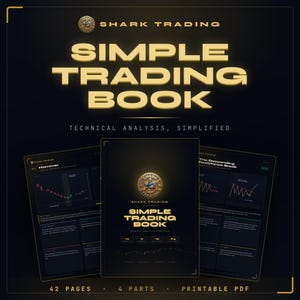 Puede incluir: Un documento digital titulado Shark Trading Simple Trading Book Technical Analysis Simplified. La portada presenta un logotipo de tiburón dorado y texto, con dos páginas interiores que muestran gráficos de velas y análisis.