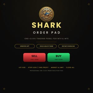 Può includere: Un'interfaccia di trading digitale intitolata Shark Order Pad per MT4 e MT5. Presenta un logo con squalo dorato, un pulsante rosso Sell con 4305.35500, un pulsante verde Buy con 4305.61500 e opzioni per Windows App, Gold & Black Theme e Instant Download.