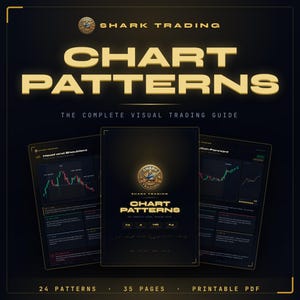 Pode incluir: Um guia digital intitulado Shark Trading Chart Patterns: The Complete Visual Trading Guide. O fundo escuro apresenta texto dourado e três painéis exibindo gráficos financeiros, 24 padrões, 35 páginas e um PDF imprimível.