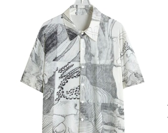 Pencil Drawing / Rayon Men's Shirt With Pocket / All Over Print