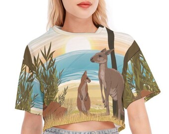 Kangaroo Women's Cropped CottonT-shirt / 190GSM Cotton / All Over Print