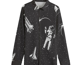 Ground Control to Major Tom / Outer Space Męska bawełniana koszula z kołnierzykiem z klapami / Ukryte plisy / 115GSM Bawełniana popelina