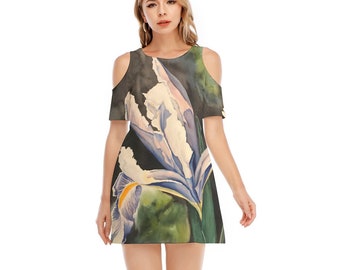 Irises Women's Cold Shoulder Cotton Dress / 190GSM Cotton / All Over Print