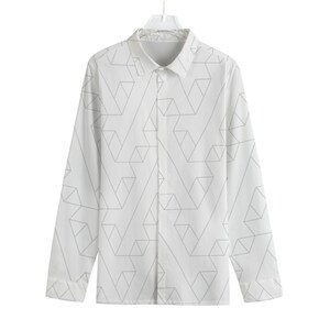 Puede incluir: Una camisa blanca de manga larga con botones y un patrón geométrico de líneas grises.