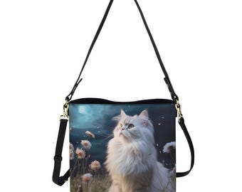 White Persian Cat Crossbody Bag / Minimalist / Square Bucket Bag