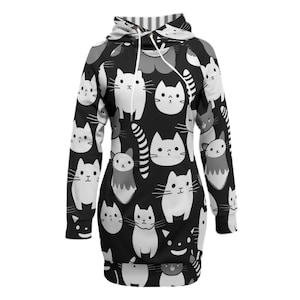 Black White Cats Women&#39;s Pullover Hoodie / Raglan Sleeve / All Over Print